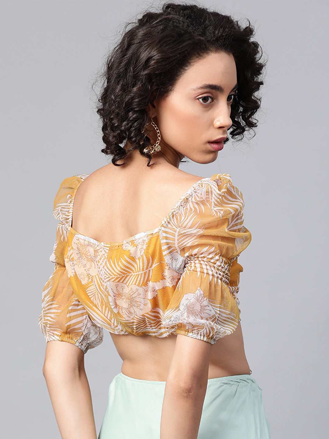 Yellow Floral Puff Sleeve Crop Top