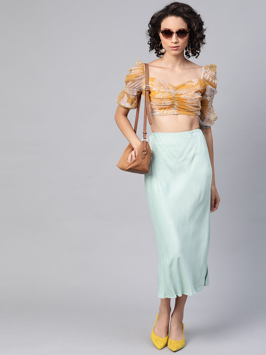 Yellow Floral Puff Sleeve Crop Top