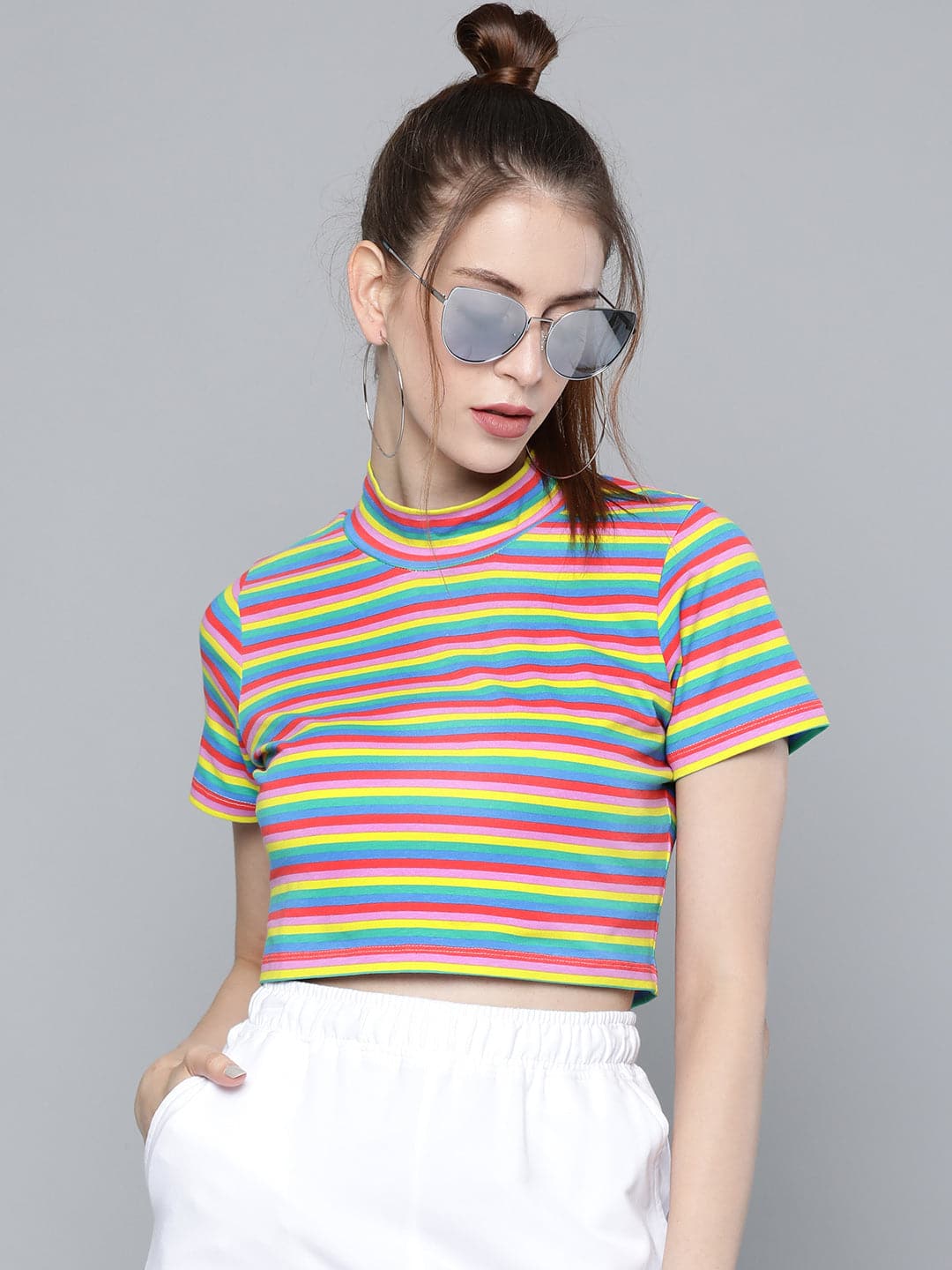 Rainbow Stripes High Neck Crop T-Shirt-T-Shirts-SASSAFRAS