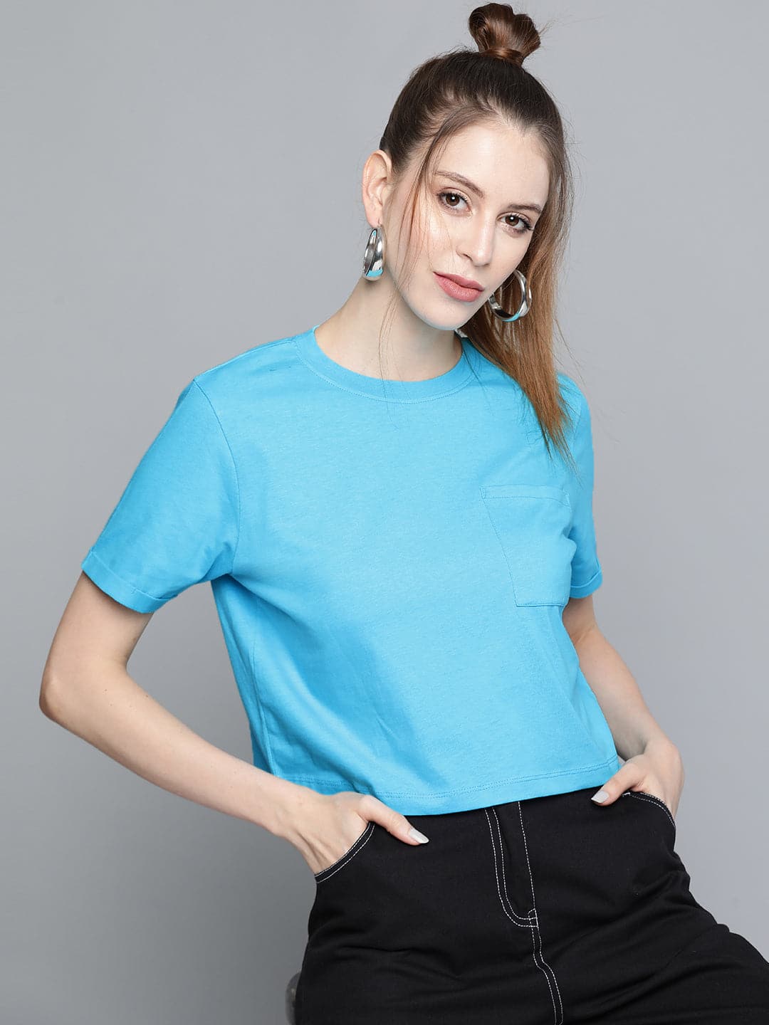 Blue Pocket Detail Boxy T-Shirt-T-Shirts-SASSAFRAS