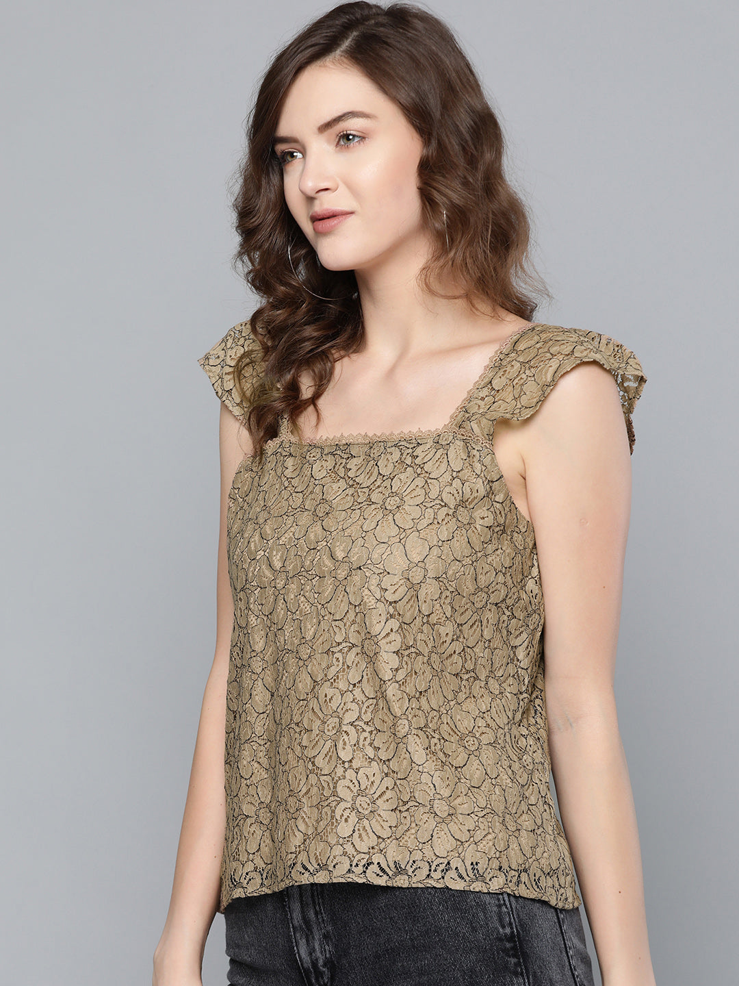Beige Strappy Lace Regular Top