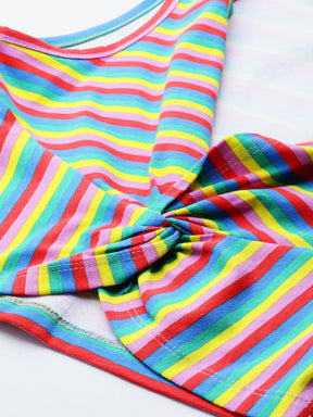 Rainbow Stripes Front Knot Crop Top