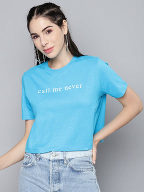 Blue Call-Me-Never Crop Boxy T-Shirt-T-Shirts-SASSAFRAS