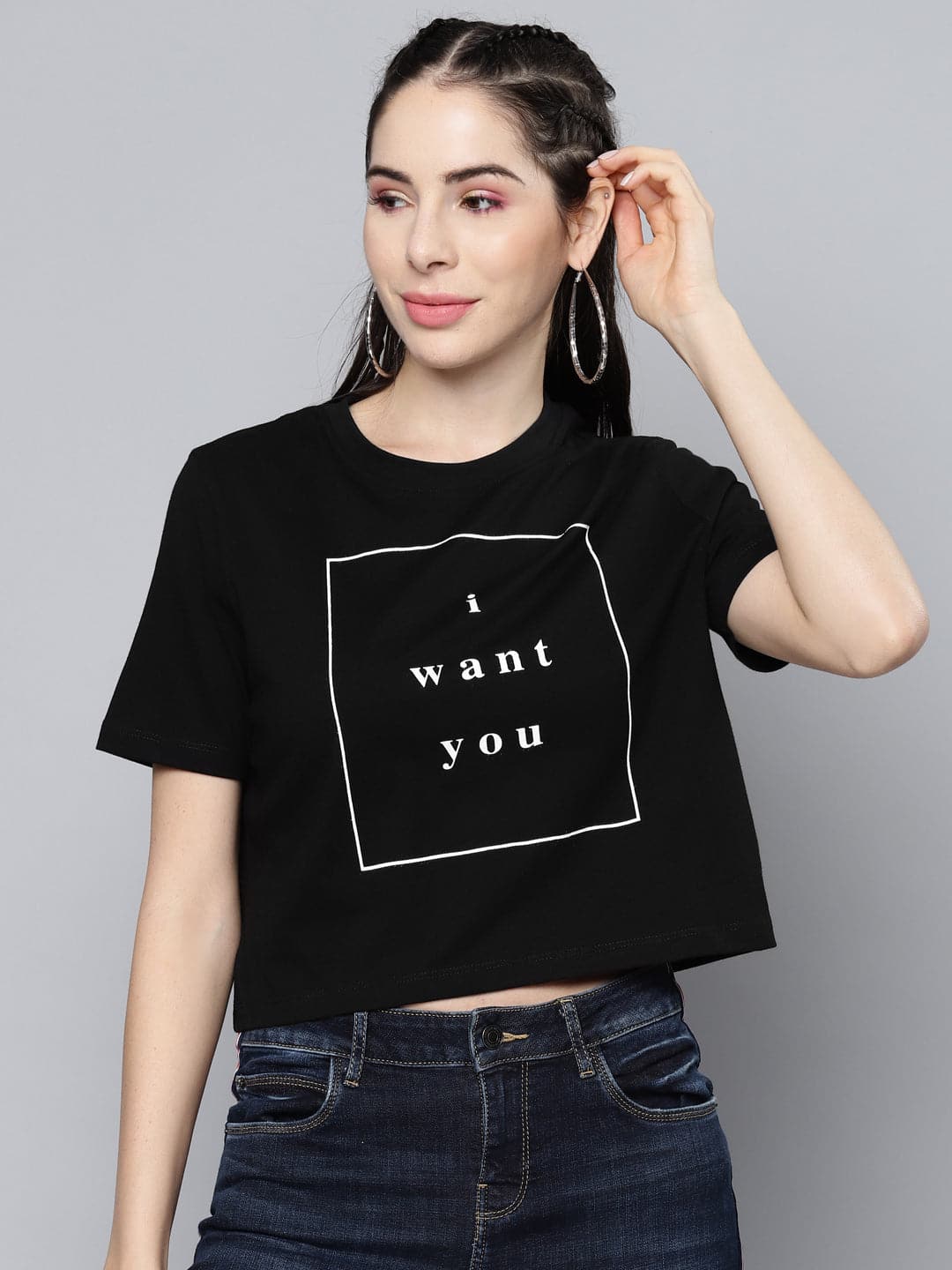 Black I-Want-You Crop Boxy T-Shirt-T-Shirts-SASSAFRAS
