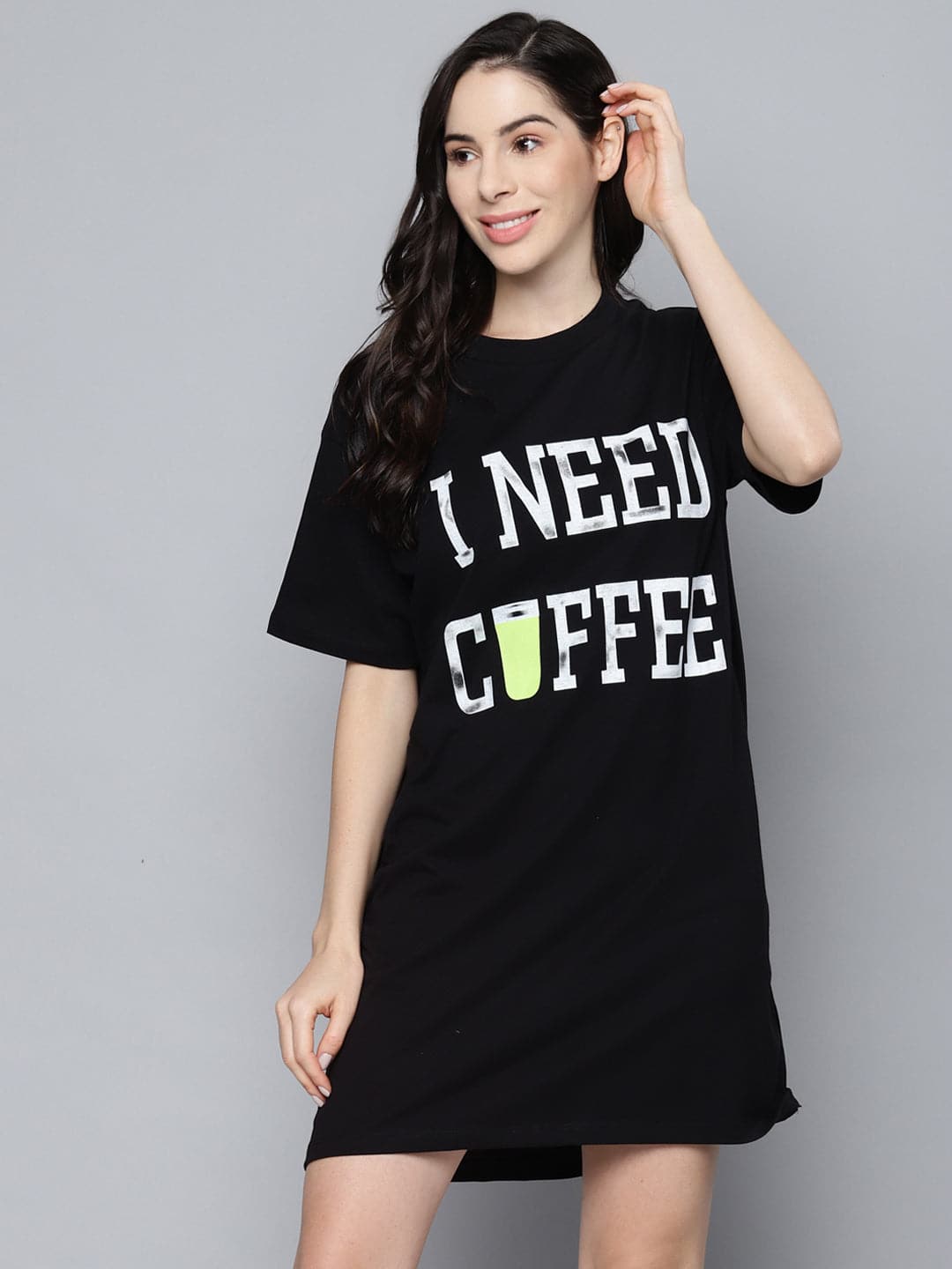 Black I-Need-Coffee Sleepshirt-Night Suits-SASSAFRAS
