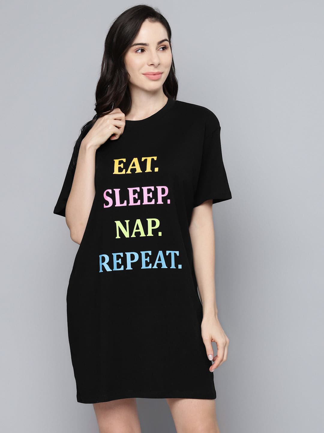 Black Eat-Sleep-Nap-Repeat Sleepshirt-Night Suits-SASSAFRAS