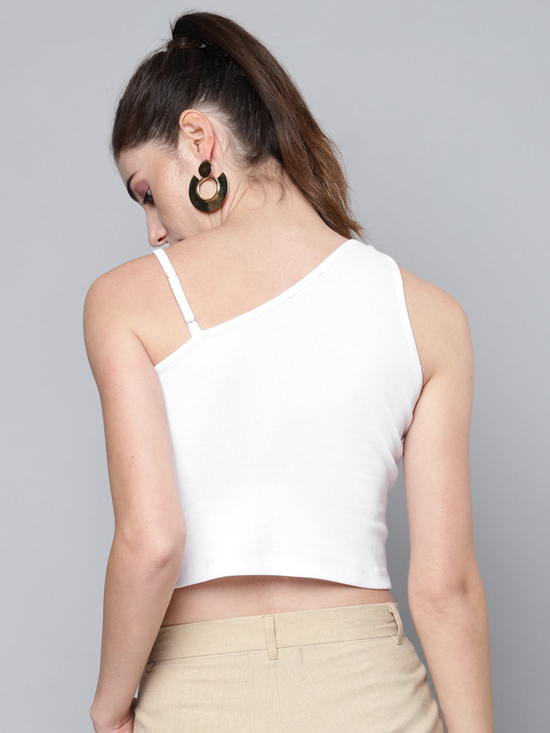 White One Shoulder Ring Detail Strappy Rib Top