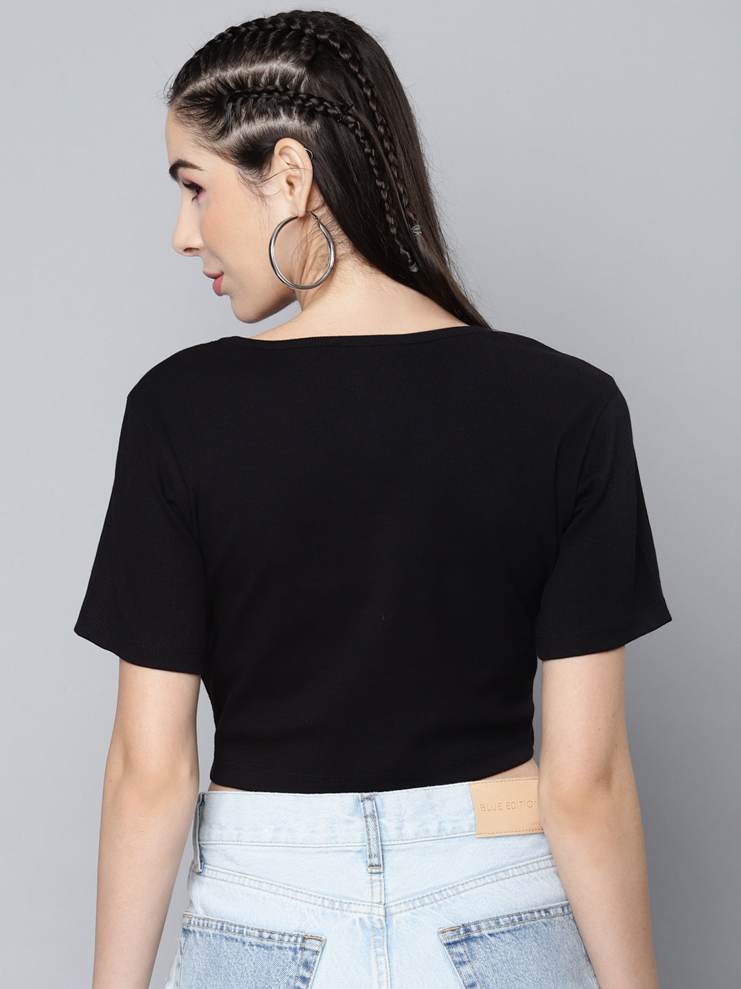 Black Ruched Front Rib Crop Top