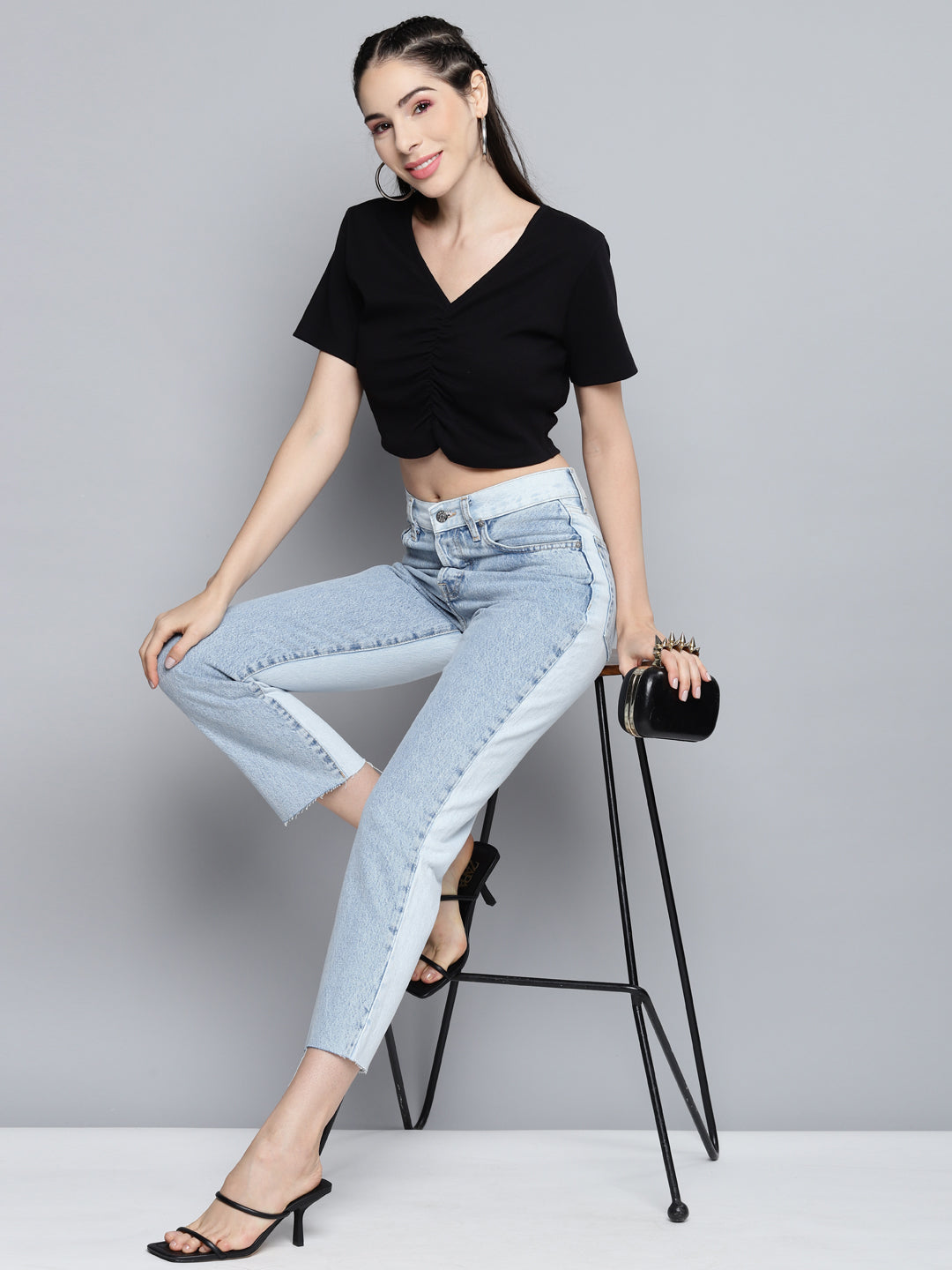 Black Ruched Front Rib Crop Top