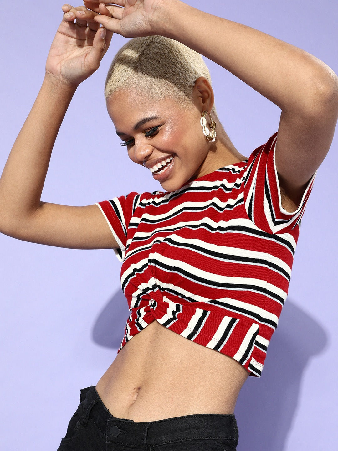 Red Multi Stripe Front Knot Rib Crop Top