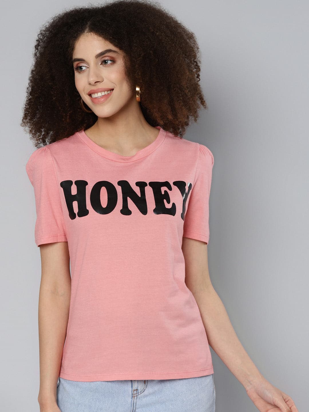 Pink HONEY Print Puff Sleeve T-Shirt-T-Shirts-SASSAFRAS