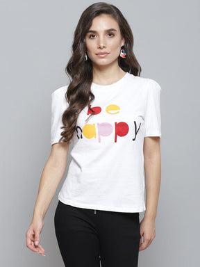 White BE HAPPY Print Puff Sleeve T-Shirt-T-Shirts-SASSAFRAS