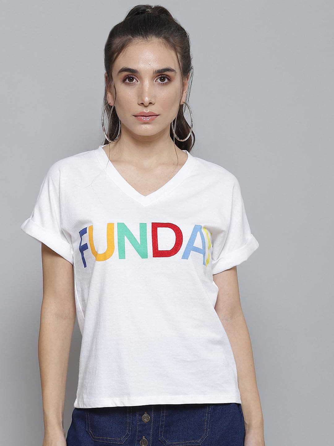 White FUNDAY Print V Neck T-Shirt-T-Shirts-SASSAFRAS