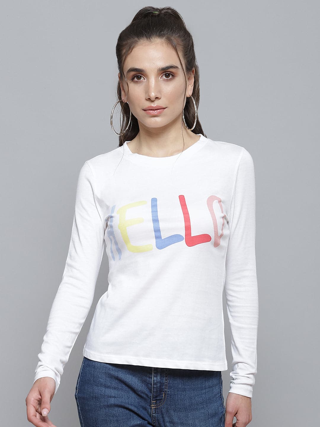 White HELLO Print Full Sleeve T-Shirt-T-Shirts-SASSAFRAS