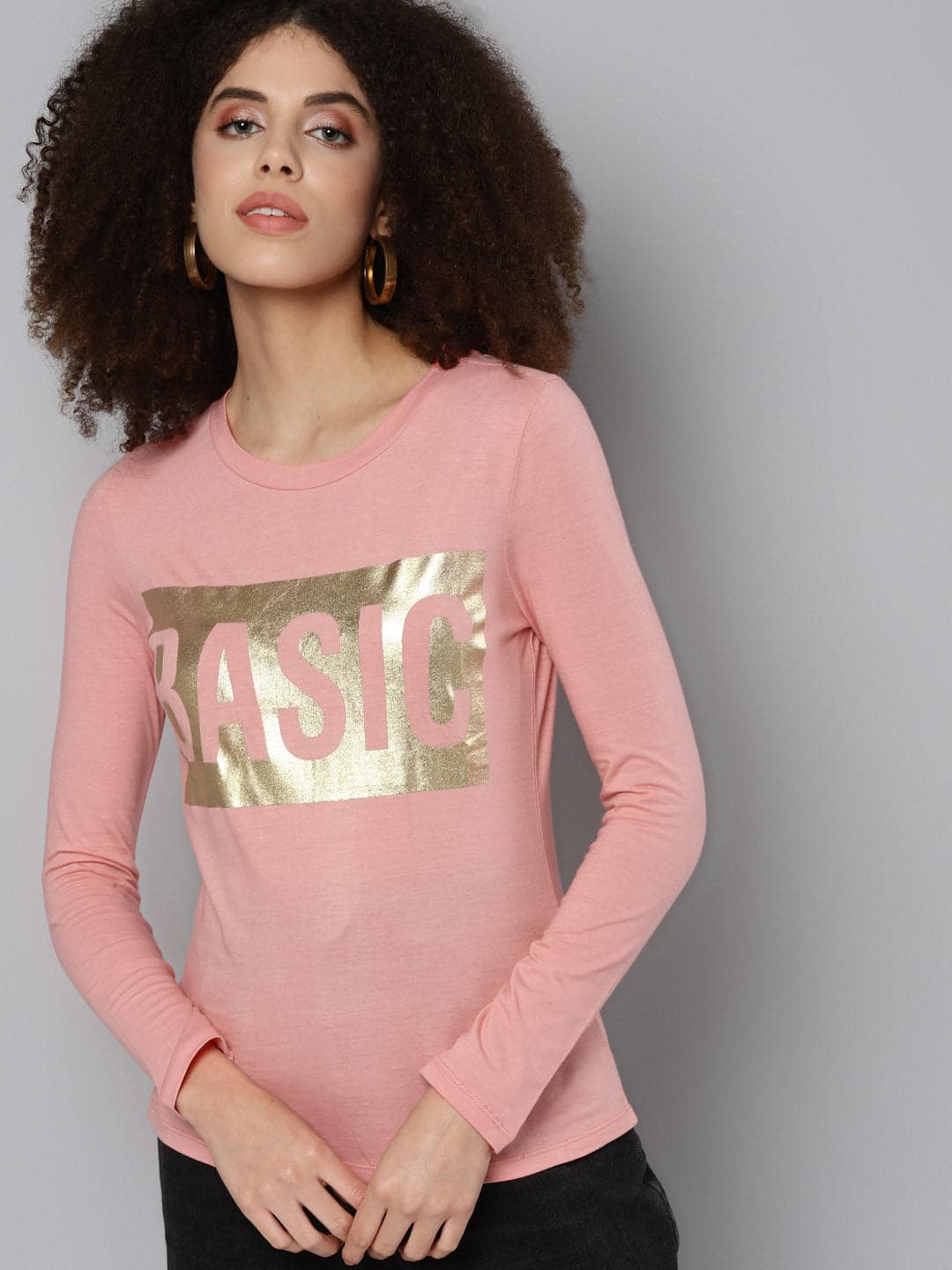 Pink BASIC Print Full Sleeve T-Shirt-T-Shirts-SASSAFRAS