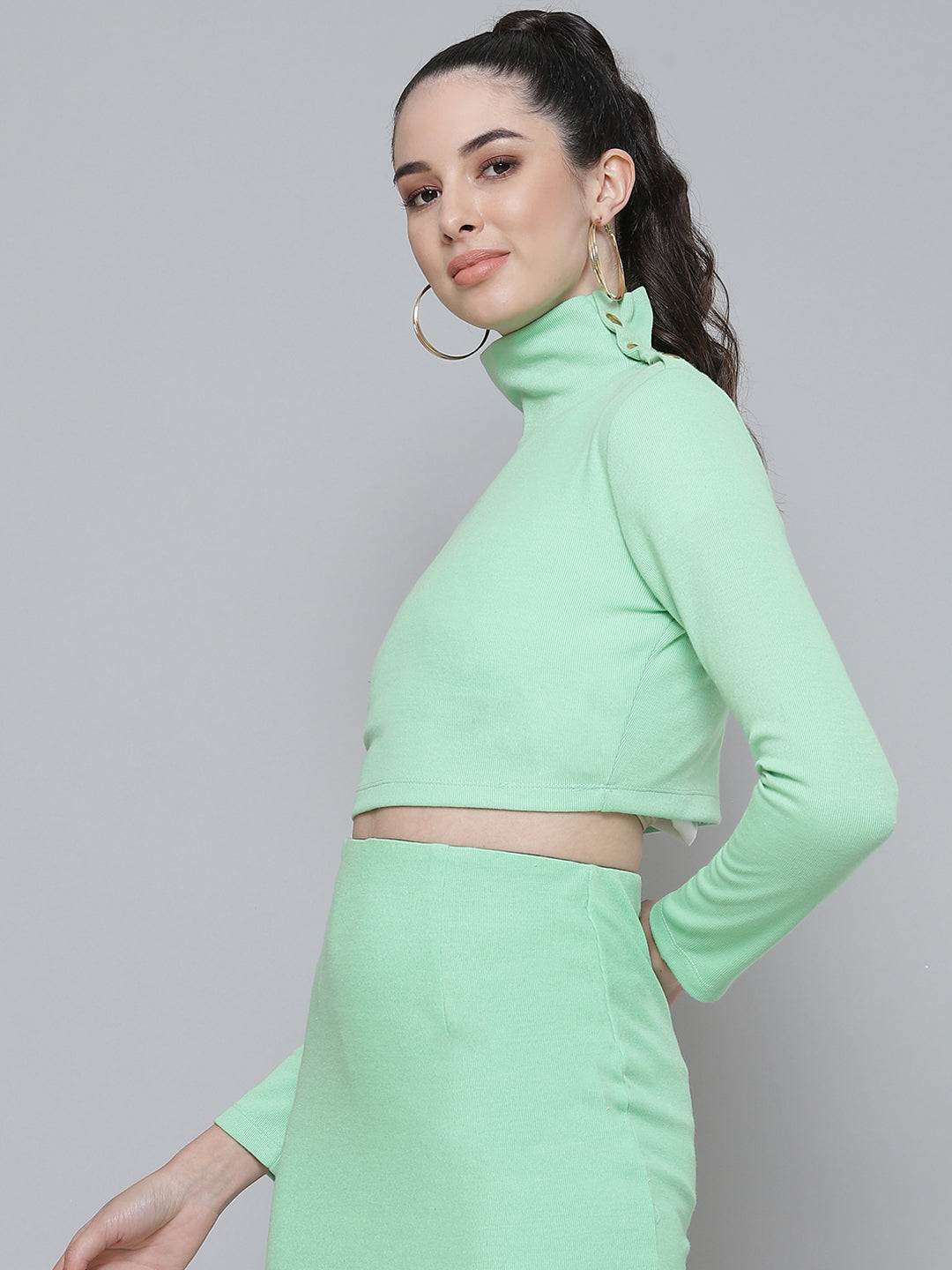 Mint Green Rib Turtle Buttoned Neck Crop Top