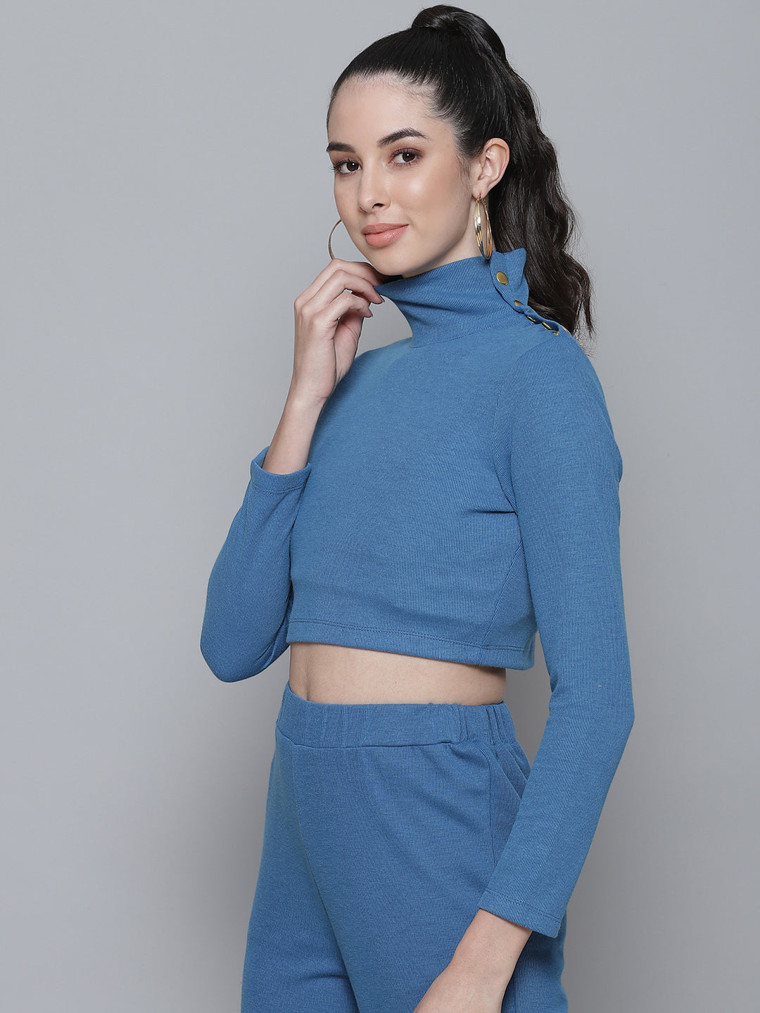Blue Rib Turtle Buttoned Neck Crop Top