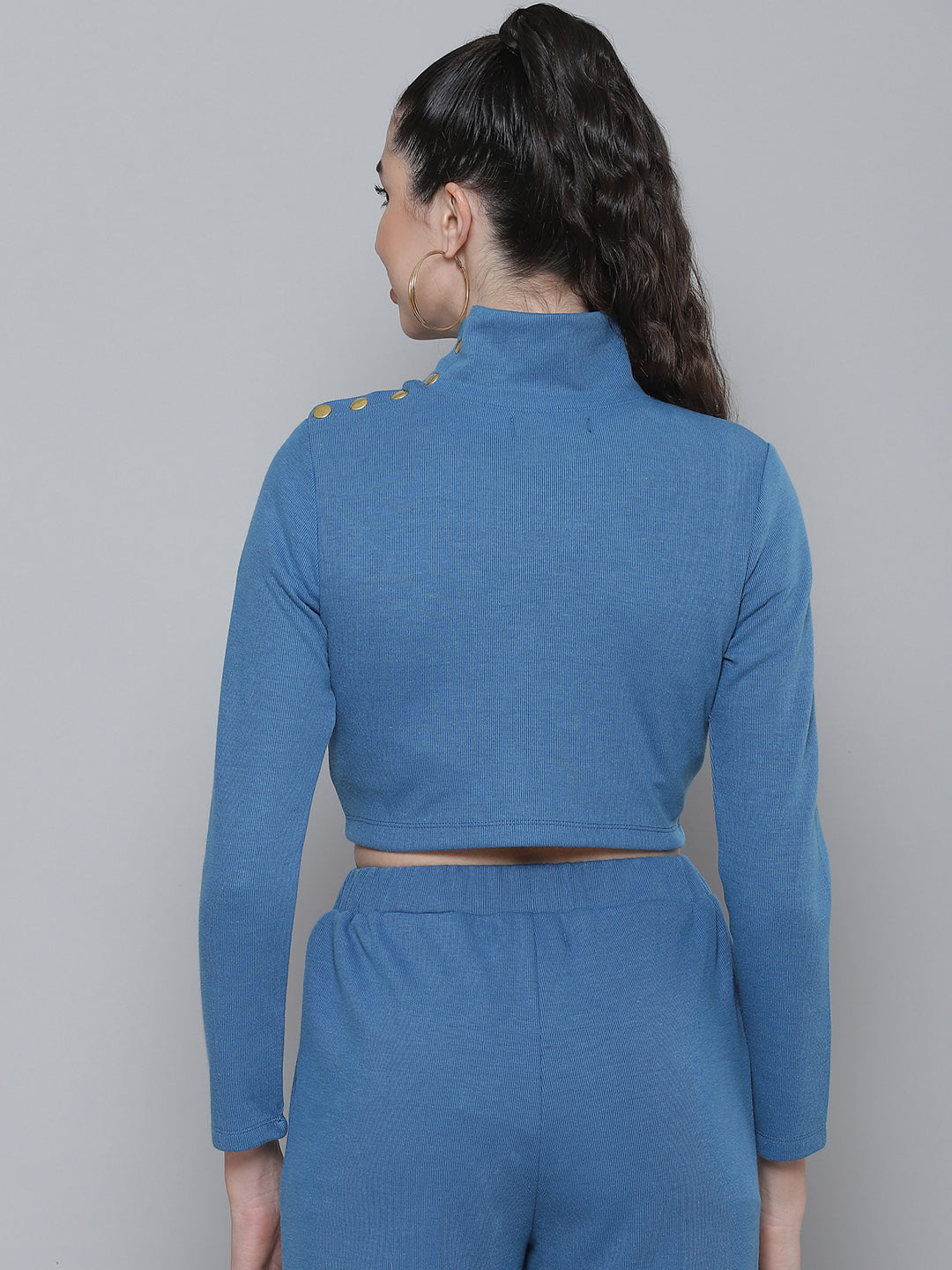 Blue Rib Turtle Buttoned Neck Crop Top