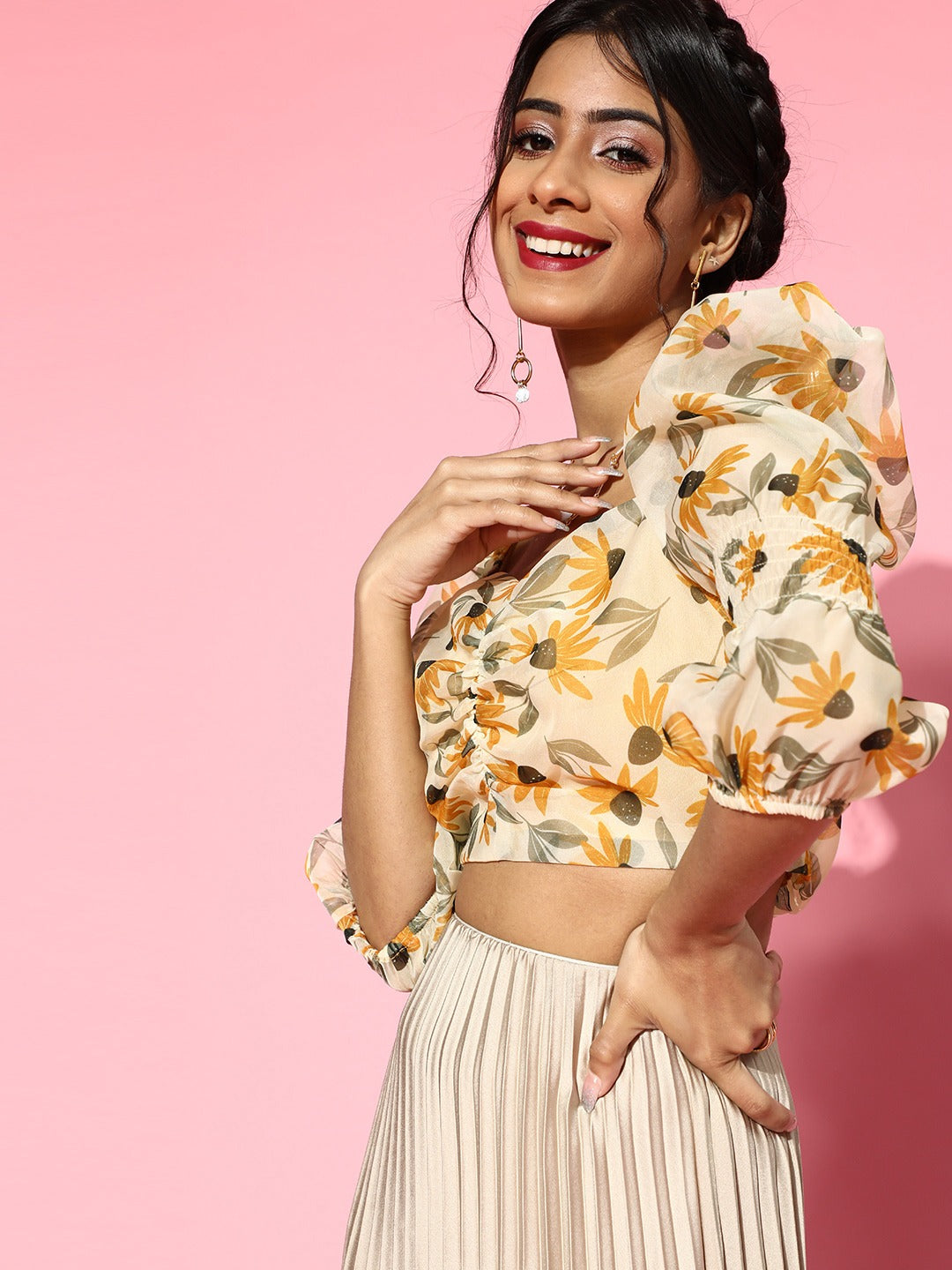 Yellow Floral Organza Ruched Crop Top