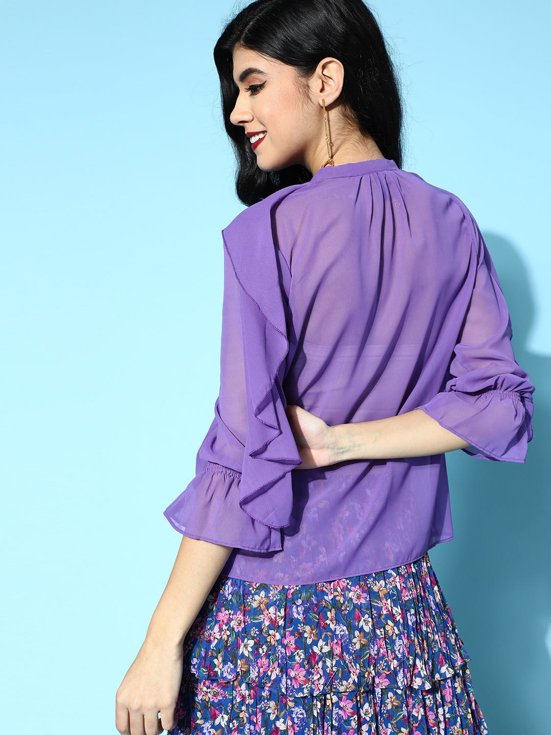 Purple Cascading Ruffle Solid Blouse