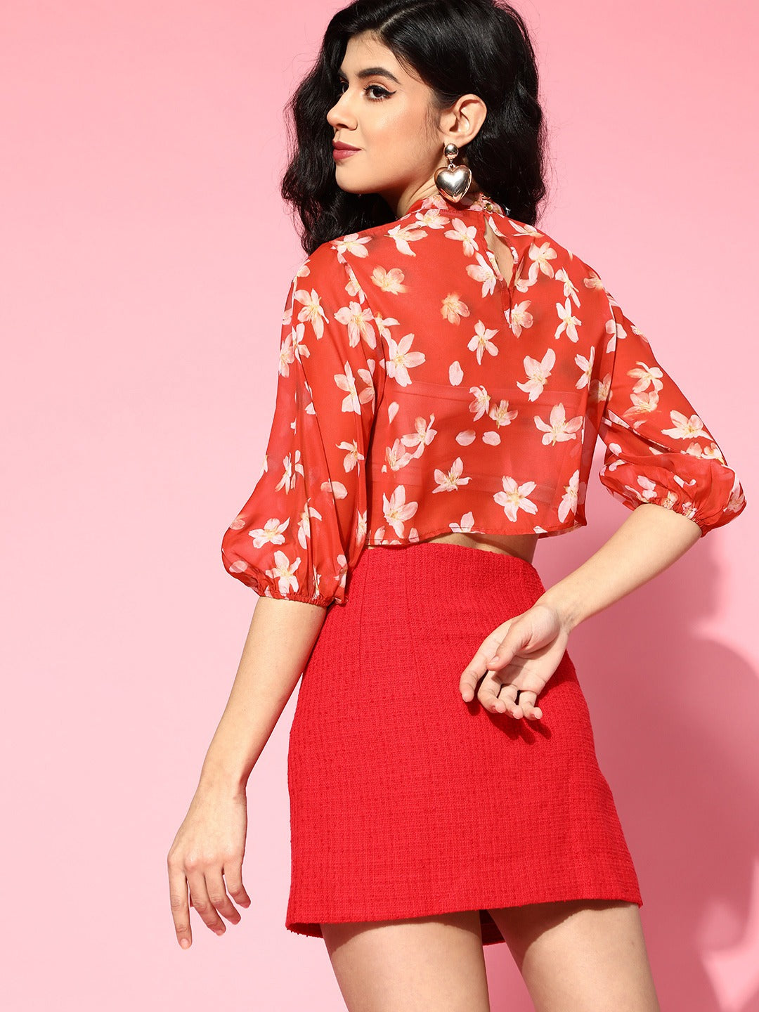 Red Floral Organza Boxy Top