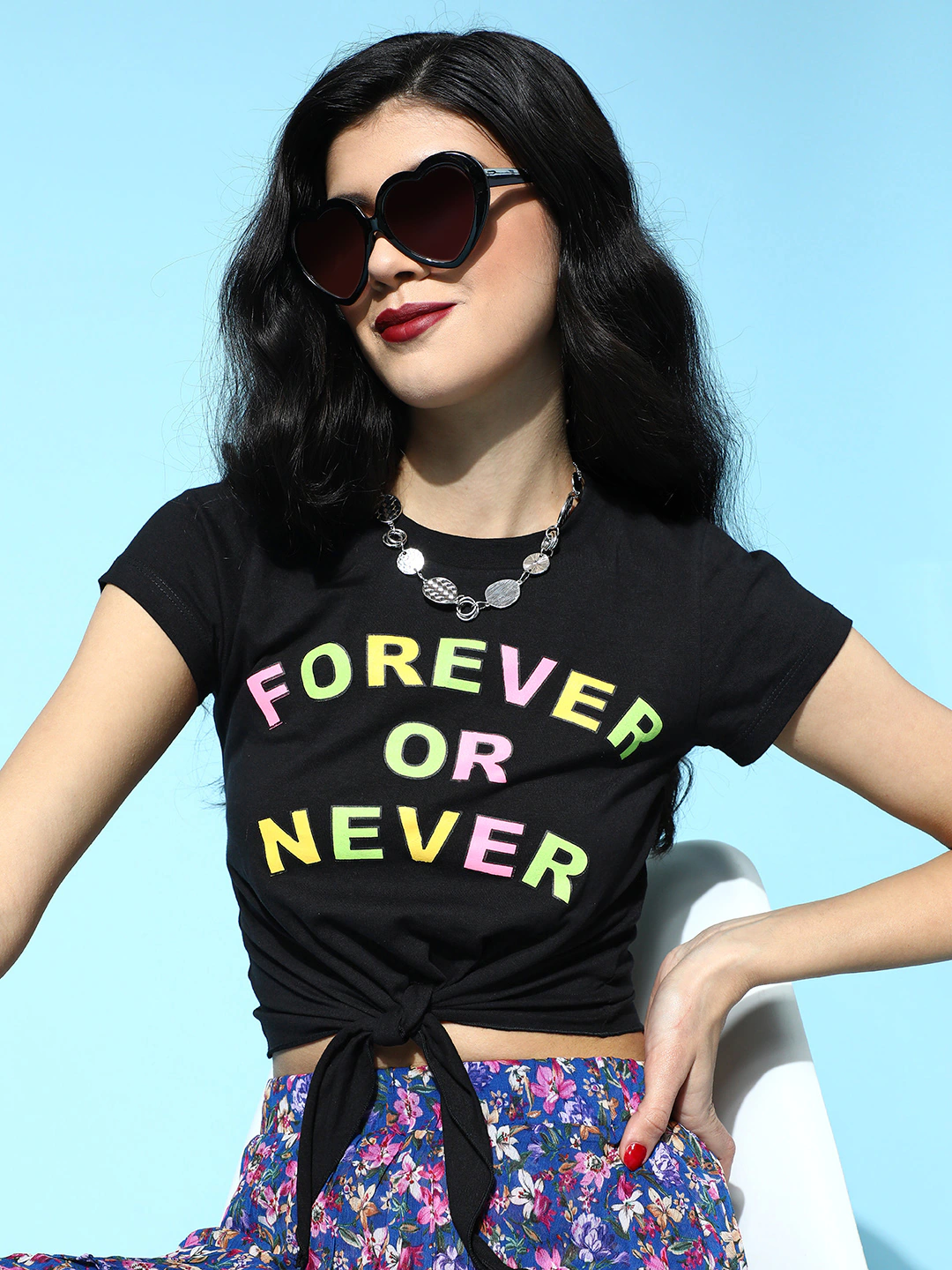 Black Forever-Or-Never Tie-Knot Crop T-Shirt-T-Shirts-SASSAFRAS