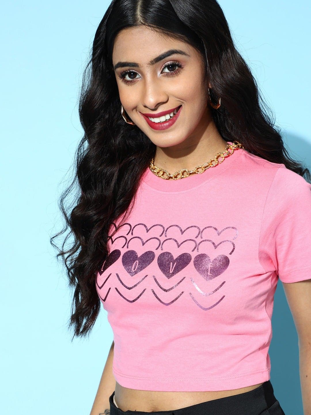Pink With Lilac Foil Hearts Crop T-Shirt-T-Shirts-SASSAFRAS