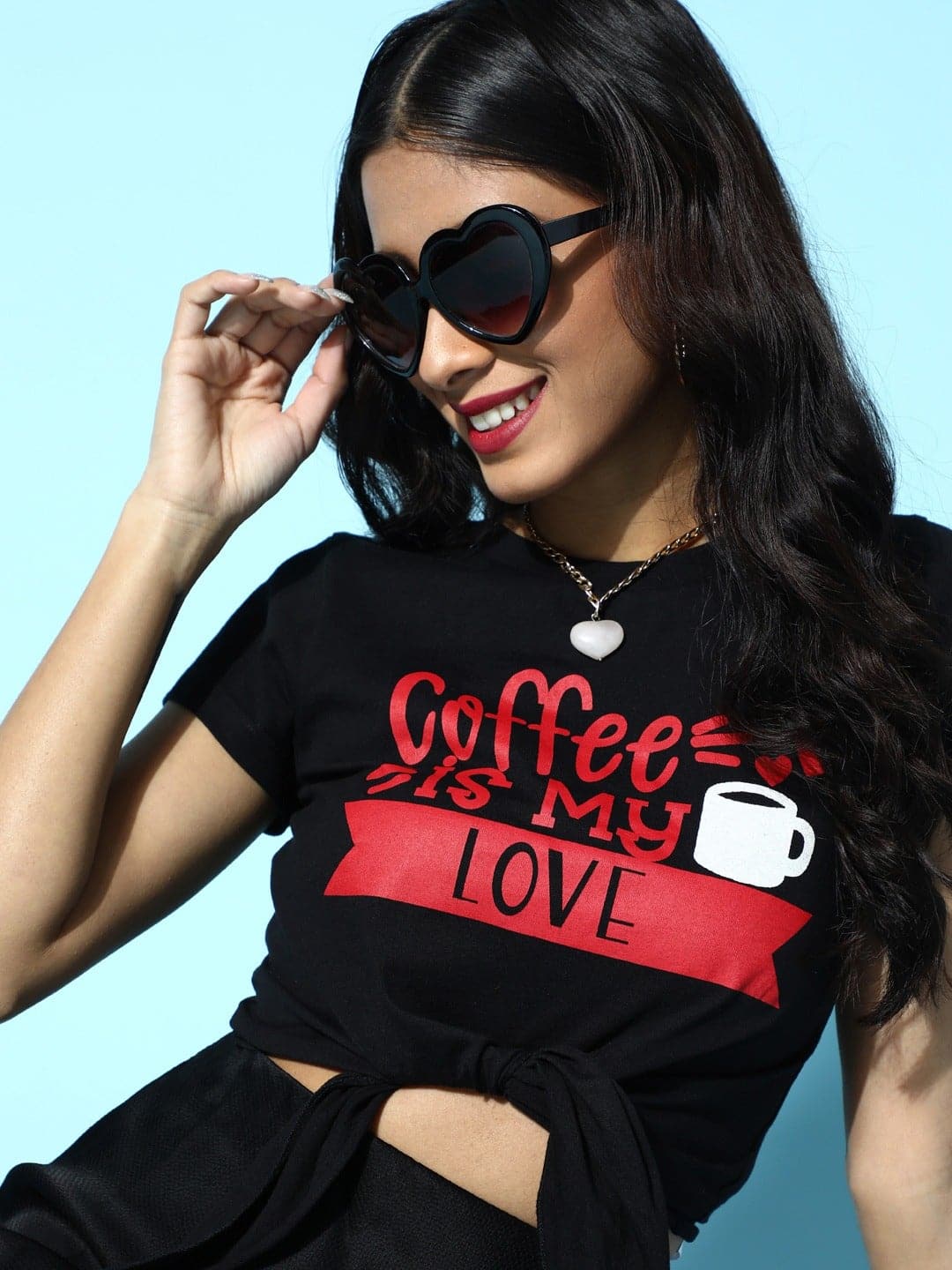Black Coffee Is My Love Tie-Knot Crop T-Shirt-T-Shirts-SASSAFRAS