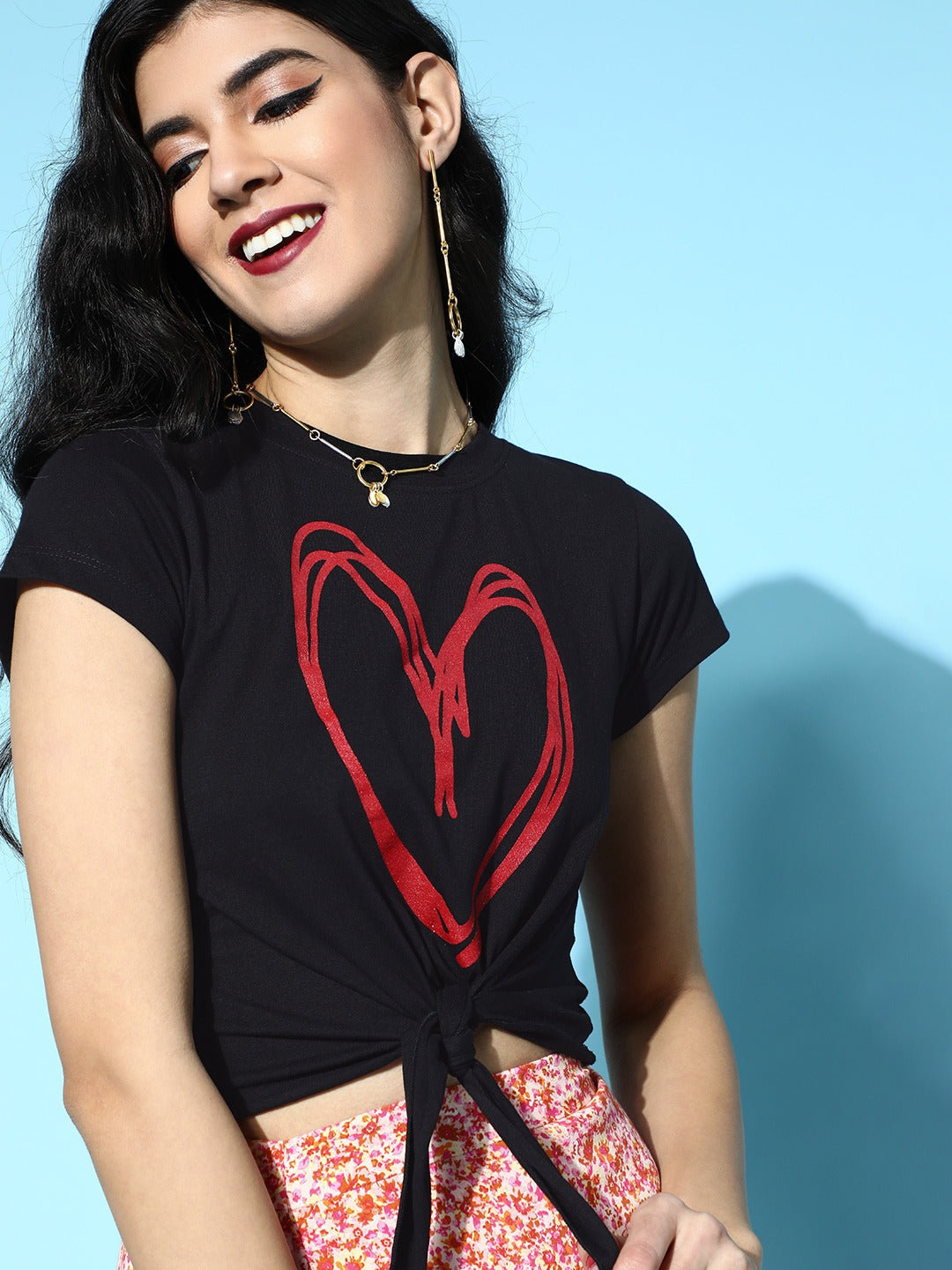 Black With Red Heart Foil Tie-Knot Crop T-Shirt