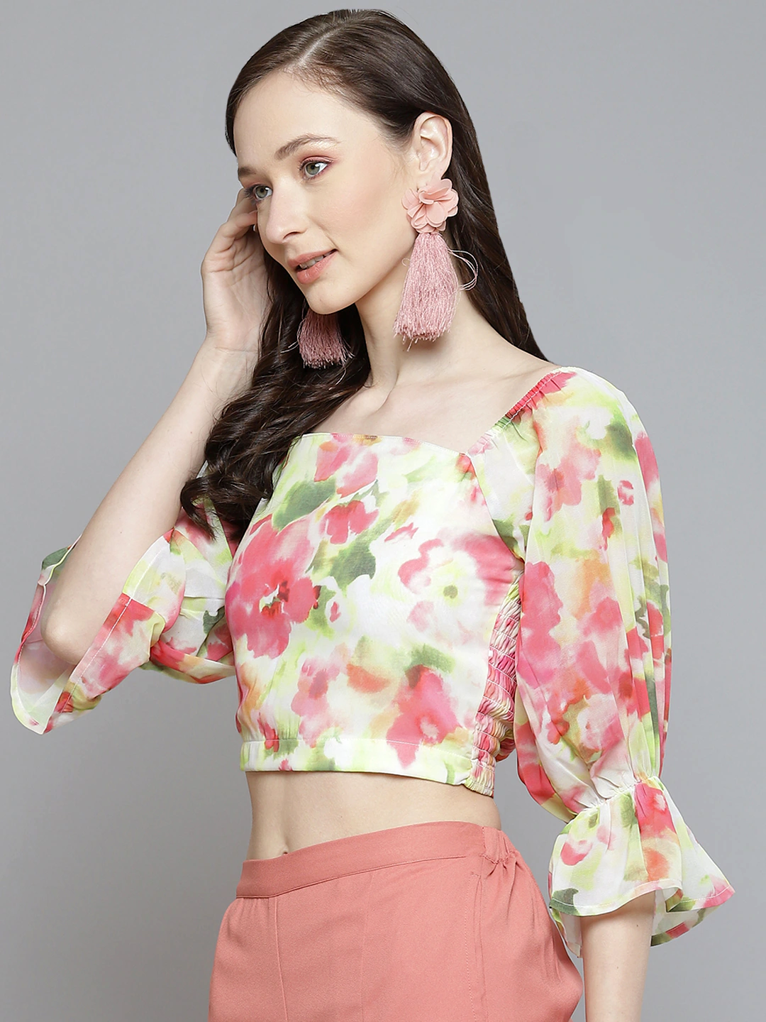 Women White & Pink Floral Square Neck Crop Top