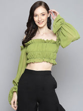 Women Green Off Shoulder Ruched Crop Top-Tops-SASSAFRAS