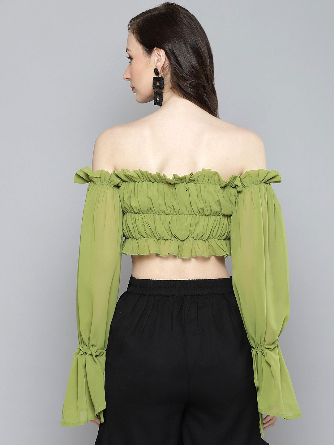 Women Green Off Shoulder Ruched Crop Top