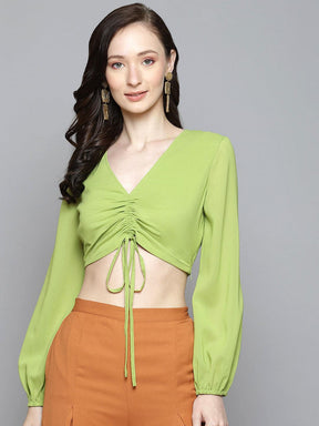 Women Lime Green Front Ruched Crop Top-Tops-SASSAFRAS