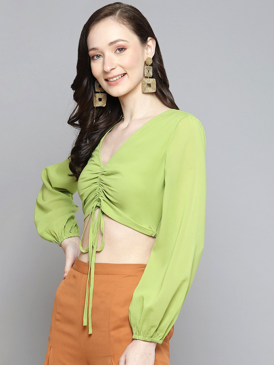 Women Lime Green Front Ruched Crop Top