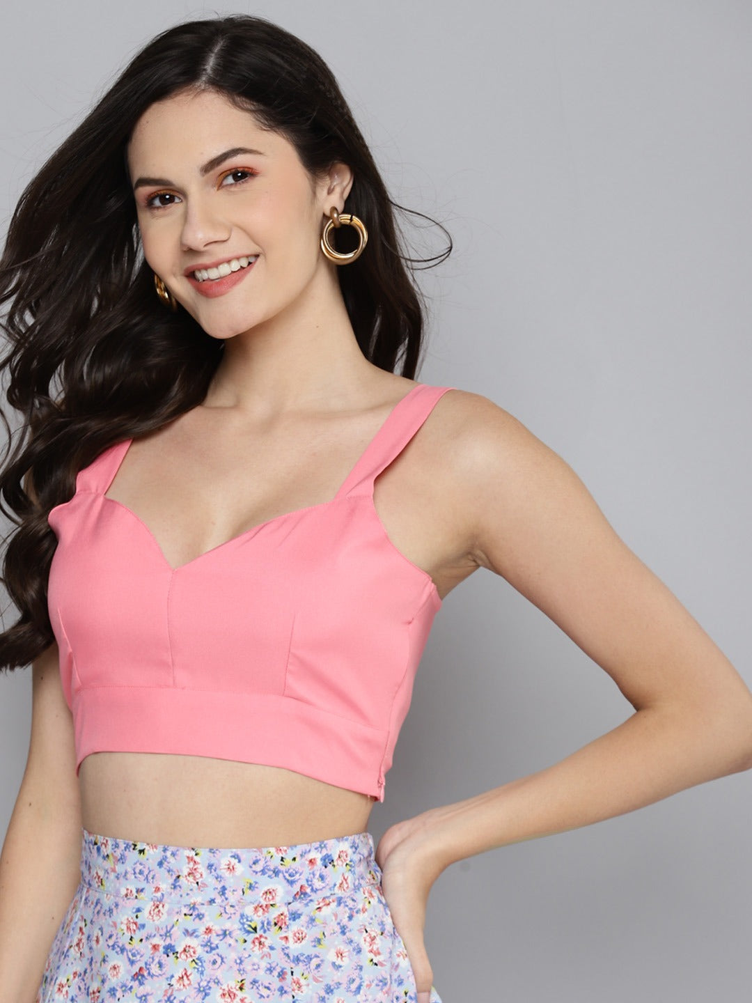 Women Pink Sweetheart Neck Strappy Crop Top