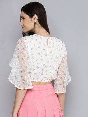 Women White Dobby Floral Butterfly Sleeve Crop Top