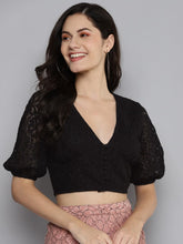 Women Black Lace Puff Sleeve Crop Top-Tops-SASSAFRAS