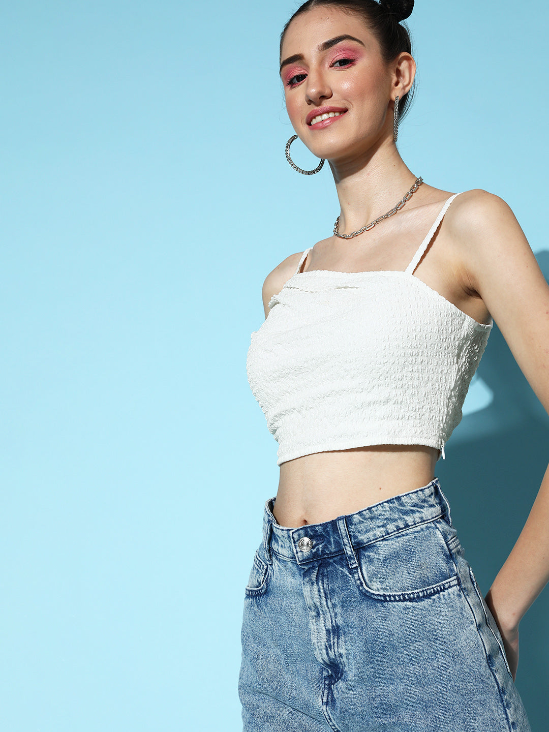 Women White Strappy Pleated Crop Top