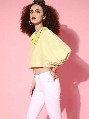 Women Mint Green Scallop Embroidered Broad Collar Crop Top