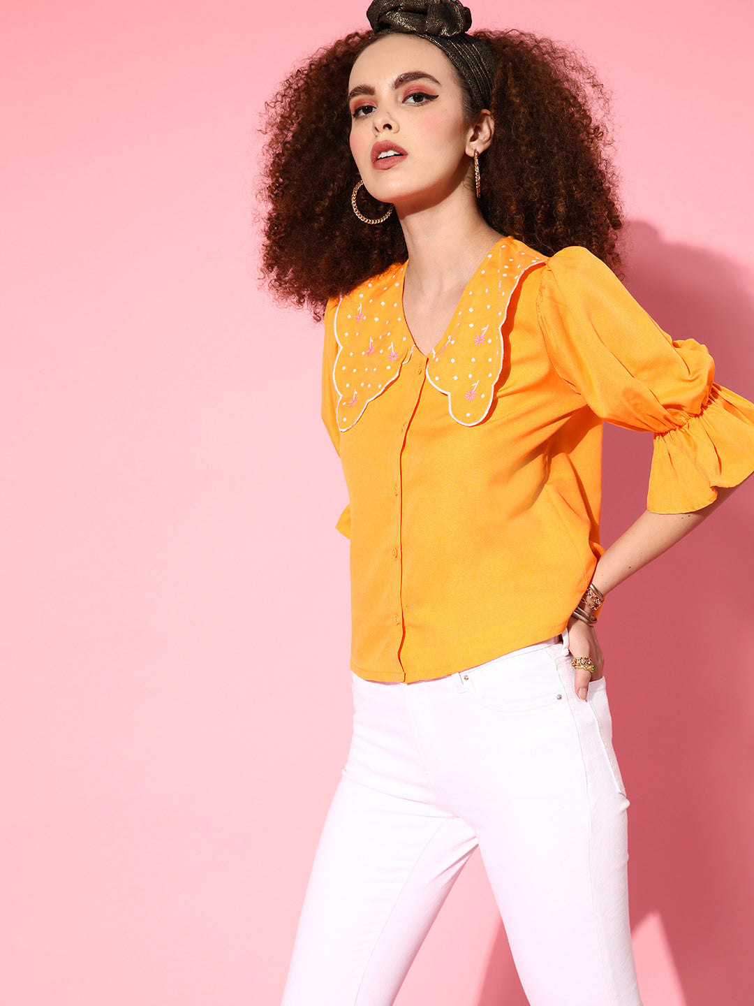 Women Orange Embroidered Front Open Broad Collar Top