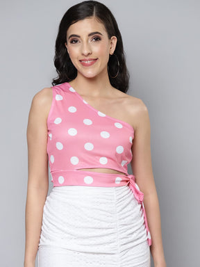 Women Pink & White Polka Dot One Shoulder Top-Tops-SASSAFRAS