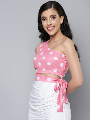 Women Pink & White Polka Dot One Shoulder Top