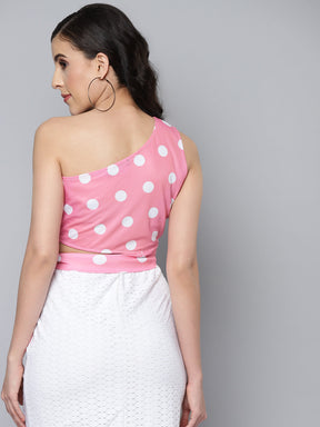 Women Pink & White Polka Dot One Shoulder Top