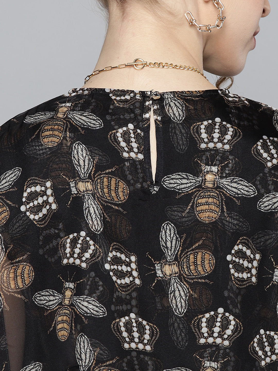 Women Black Beetle Print Sailor Collar Top