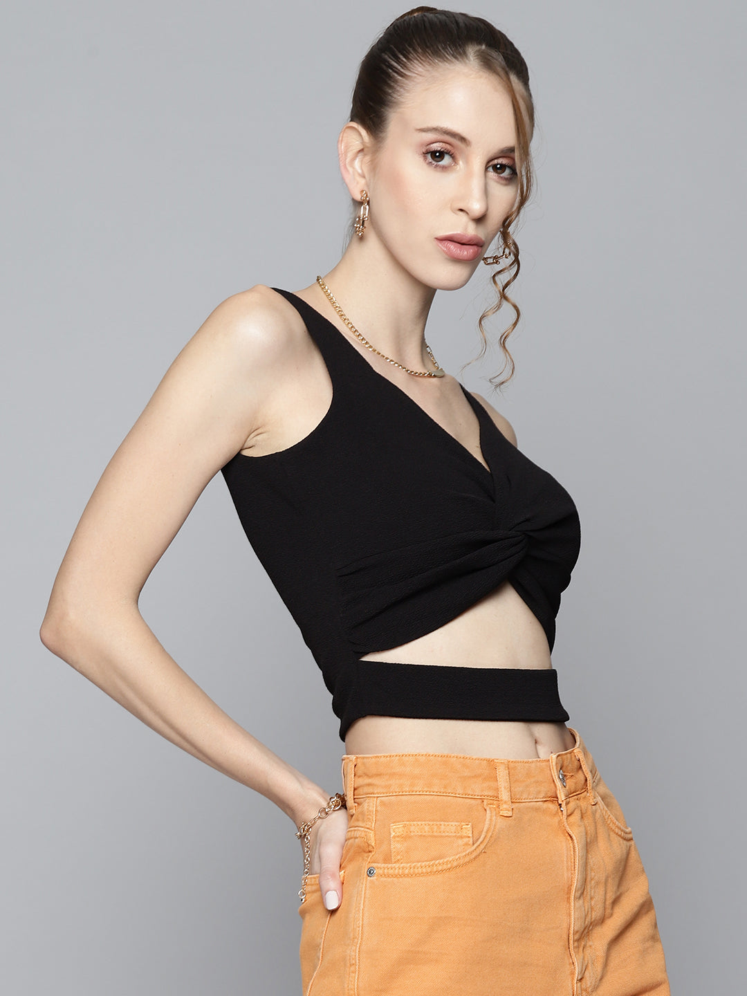 Women Black Front Twisted Knot Crop Top