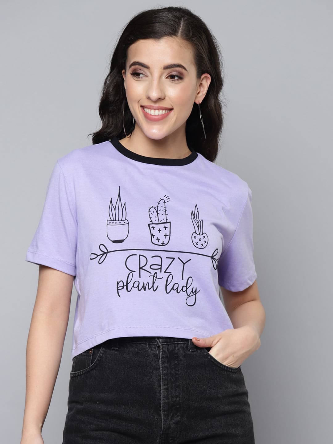 Women Lavender CRAZY PLANT LADY Crop Boxy T-Shirt-T-Shirts-SASSAFRAS