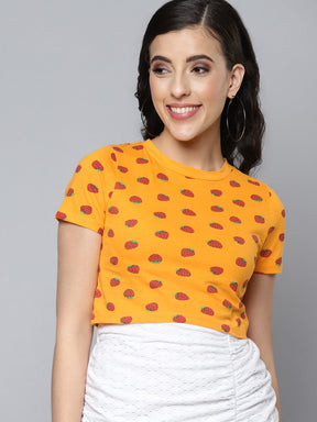 Women Mustard Strawberry Slim Fit Crop T-shirt-T-Shirts-SASSAFRAS