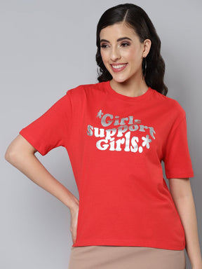 Women Red GIRL SUPPORT Silver Foil Regular T-shirt-T-Shirts-SASSAFRAS