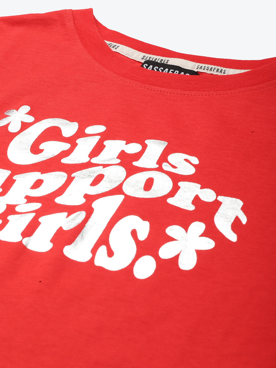 Women Red GIRL SUPPORT Silver Foil Regular T-shirt
