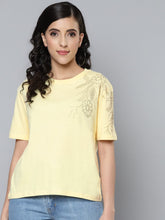 Women Yellow Shoulder Stud Work Regular T-Shirt-T-Shirts-SASSAFRAS
